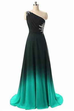 Picture of Pretty Green and Black Color Gradient One Shoulder Prom Dresses, Long Chiffon Party Dresses